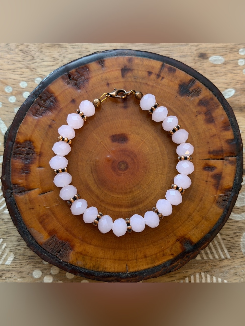 New Pretty Opaque Pink Crystal Rondel & Copper Beaded Bracelet